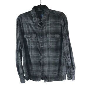 George Mens Flannel Shirt Button Down Chest Pockets Cotton Blend Plaid Gray L
